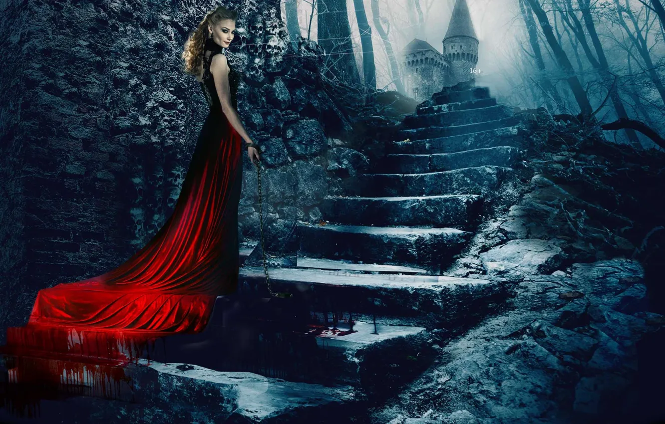 Photo wallpaper castle, blood, dress, chain, ladder, stage, lady, Svetlana Khodchenkova