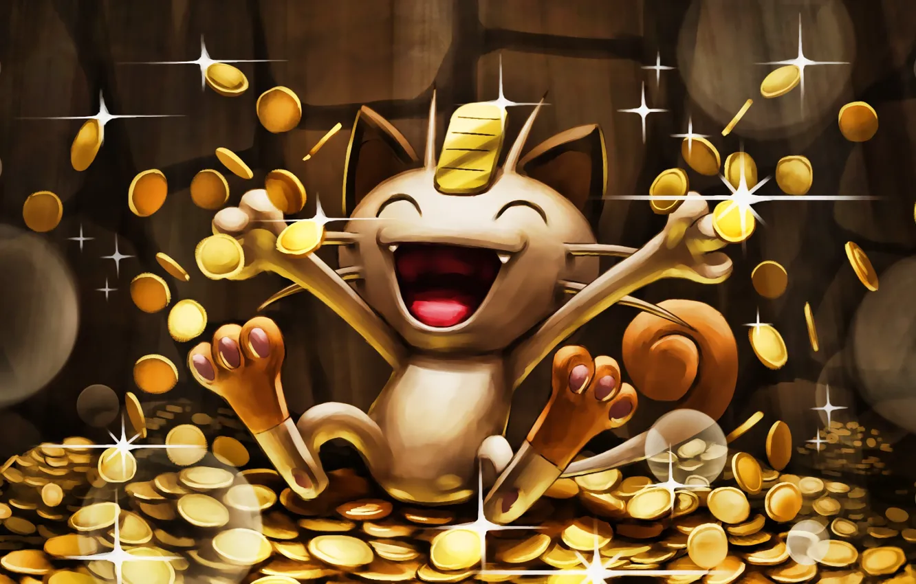 Photo wallpaper cat, money, coins, cat, money, pokemon, pokemon, meowth