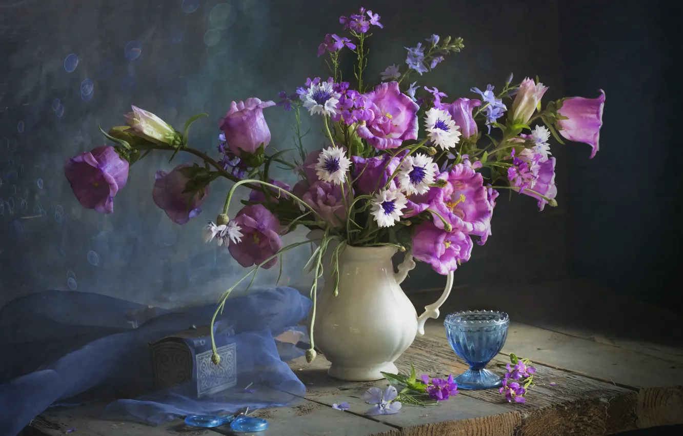 Photo wallpaper flowers, Board, bouquet, fabric, box, vase, still life, bells