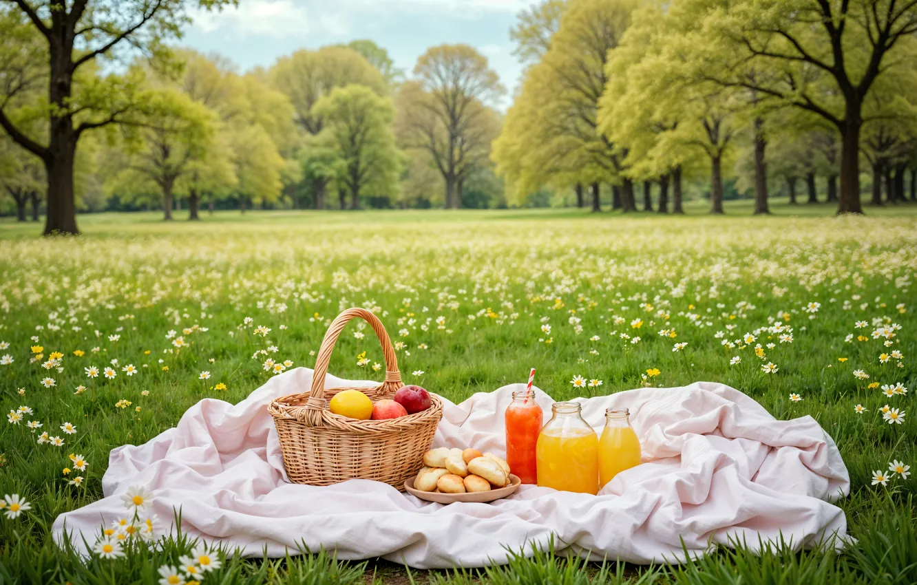 Photo wallpaper field, flowers, spring, colorful, meadow, picnic, blossom, flowers