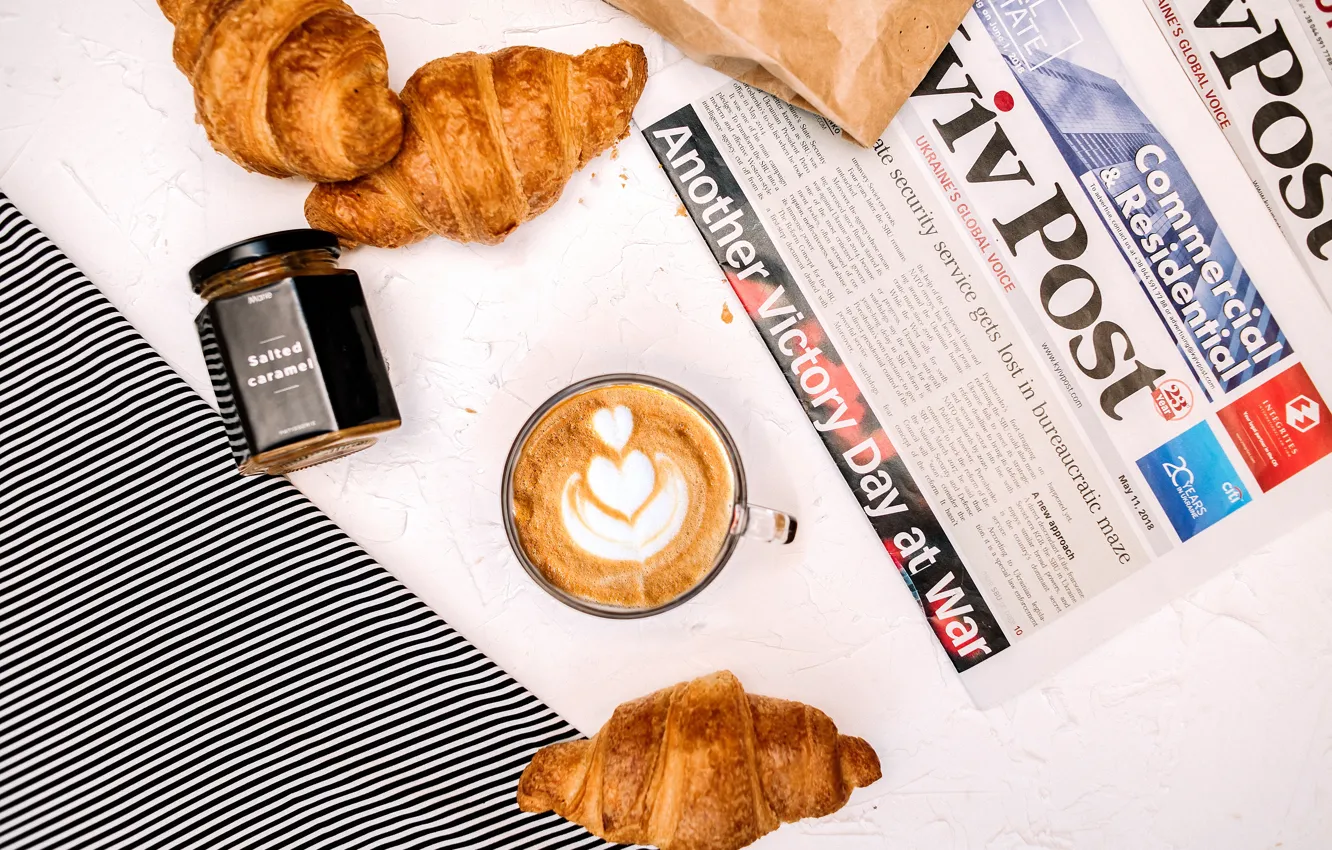Photo wallpaper strips, coffee, newspaper, caramel, croissant, croissants, predmeta