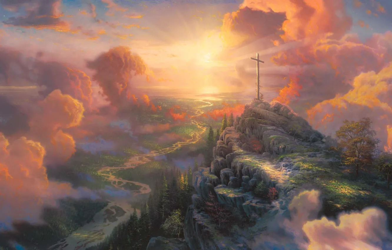 Photo wallpaper light, cross, painting, Thomas Kinkade, sun light, The Cross