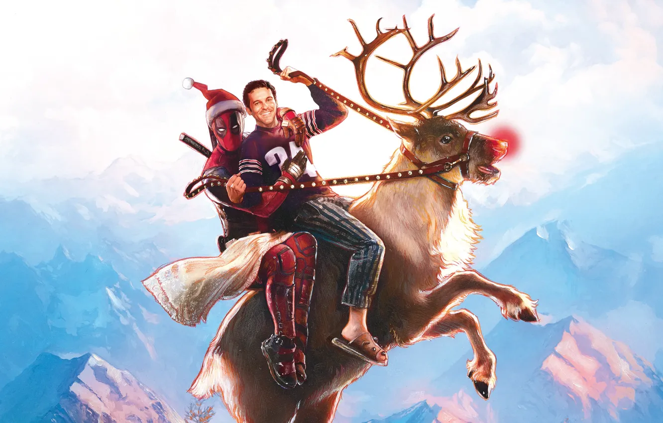 Photo wallpaper landscape, mountains, background, fiction, rocks, hat, figure, deer