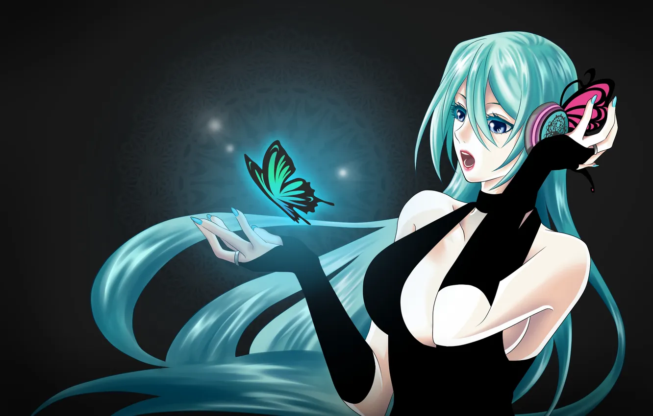 Photo wallpaper girl, butterfly, wings, art, microphone, vocaloid, hatsune miku, Vocaloid