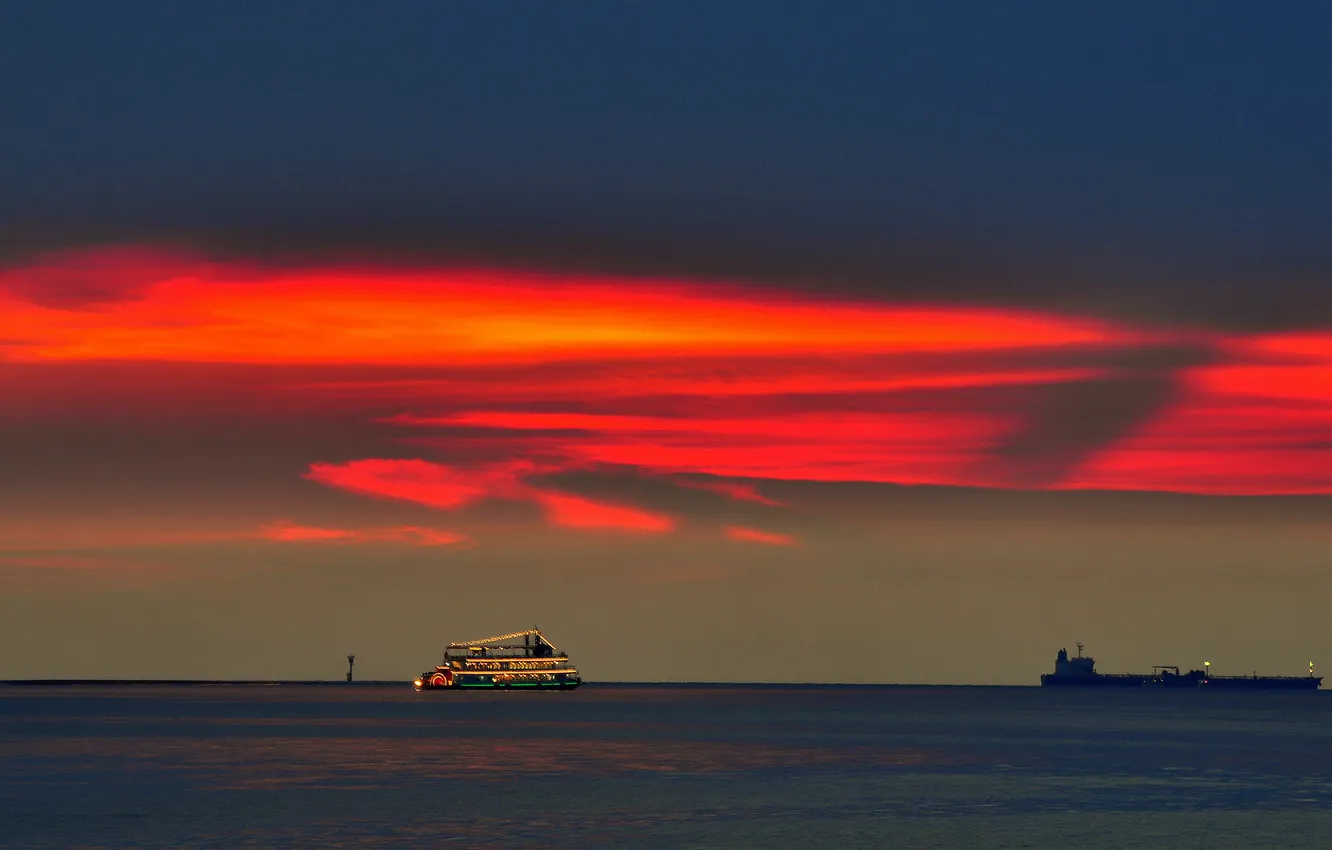 Photo wallpaper sea, the sky, clouds, sunset, lights, ship, the evening, glow