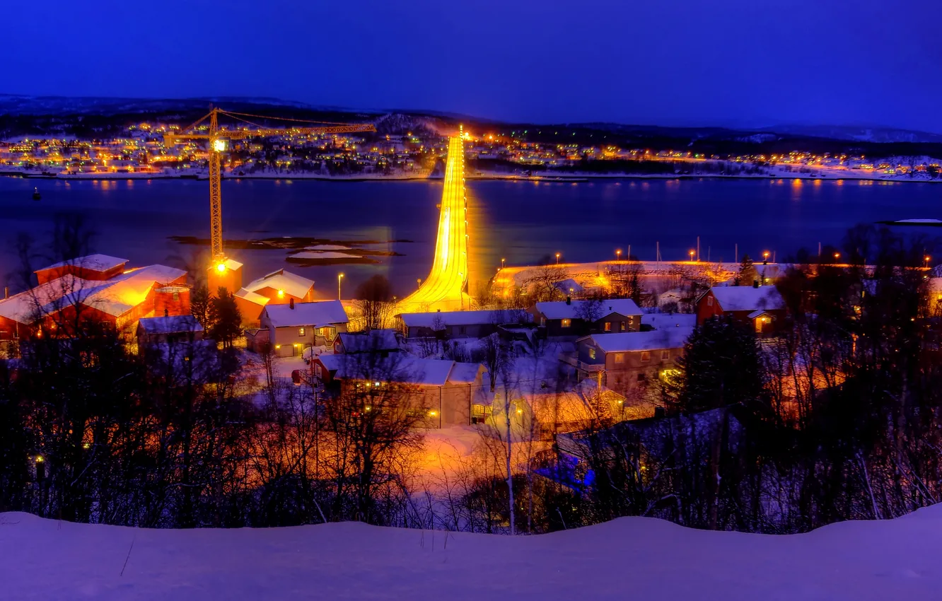 Photo wallpaper winter, the sky, snow, night, bridge, nature, lights, Strait