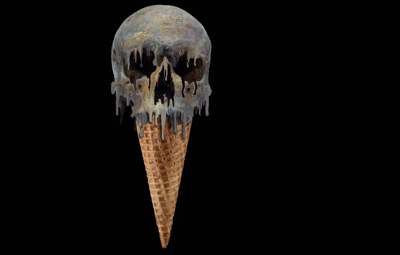Photo wallpaper skull, ice cream, black background, horn, poison, mucus, wafer