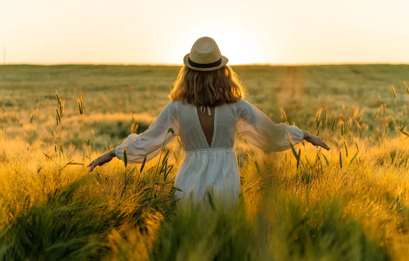 Photo wallpaper field, girl, hat, ears, white dress, is back, hand in hand
