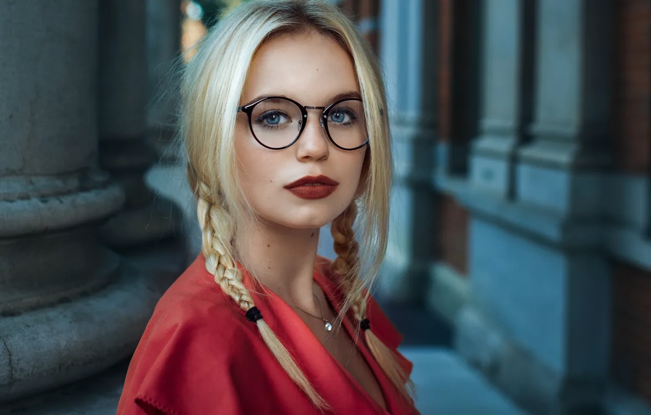 Photo wallpaper look, girl, face, glasses, braids, red lipstick