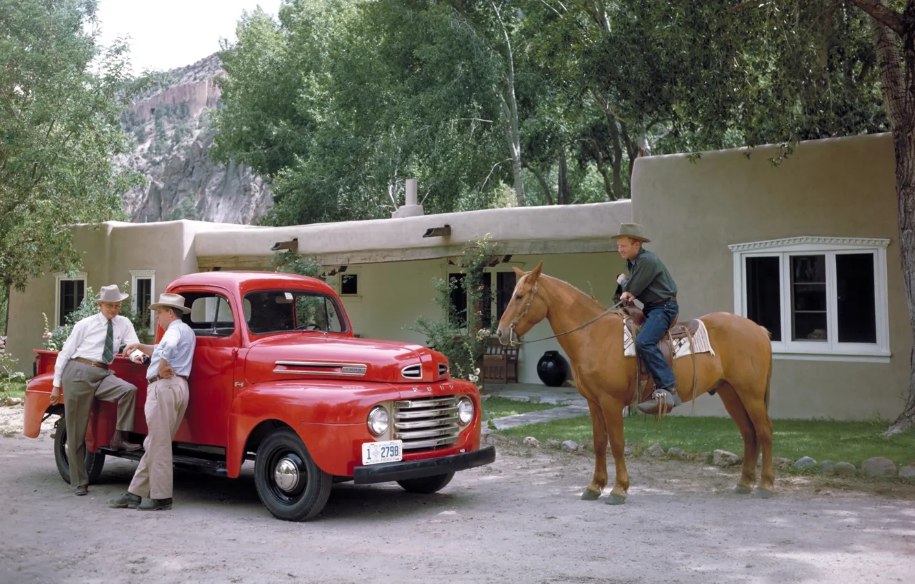 Photo wallpaper trees, red, house, retro, horse, Ford, Ford, cowboy