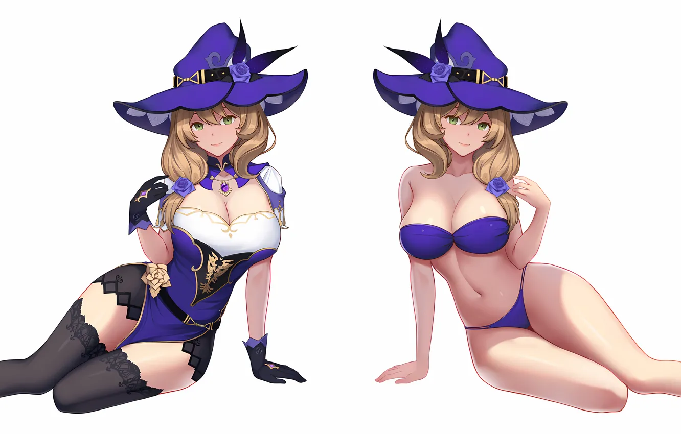 Photo wallpaper girl, sexy, lingerie, bra, cleavage, panties, thighhighs, long hair