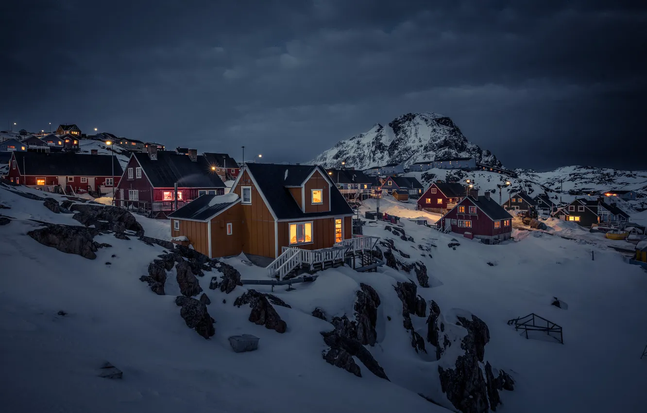 Photo wallpaper snow, mountains, night, lights, home, storm, Greenland, gray clouds