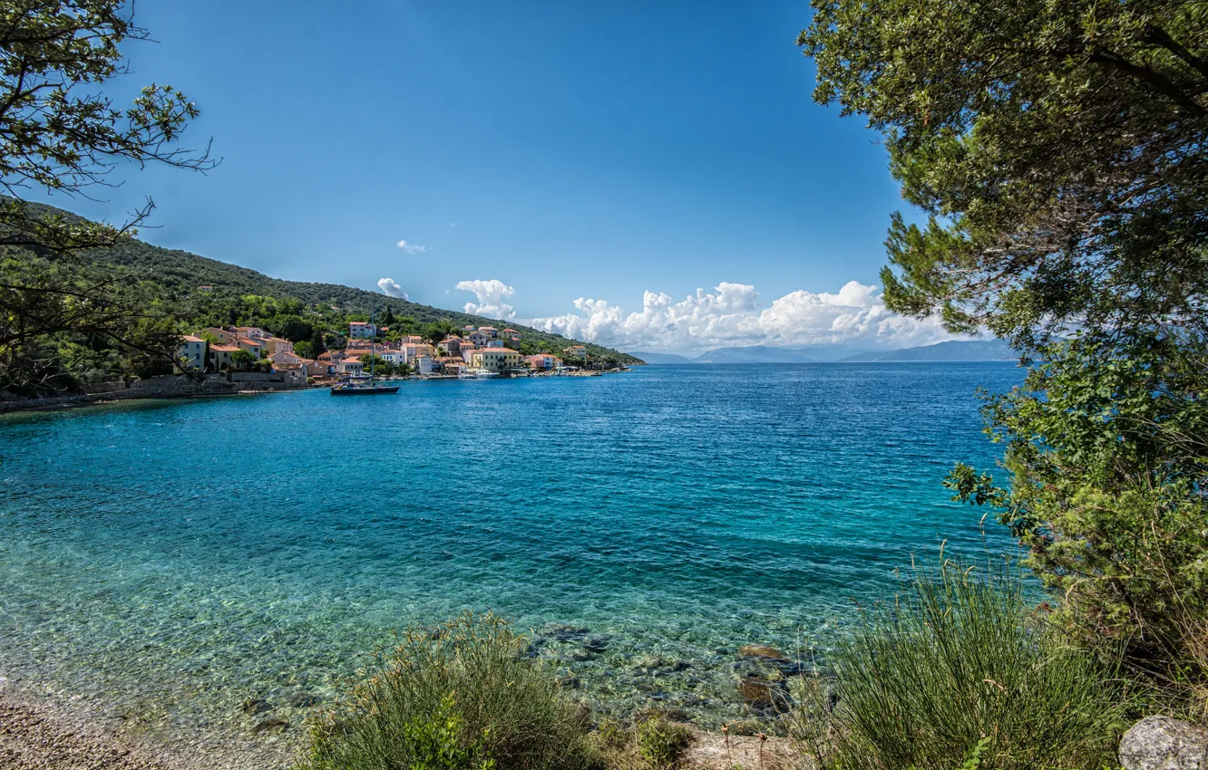 Photo wallpaper sea, the sky, clouds, trees, mountains, home, Croatia