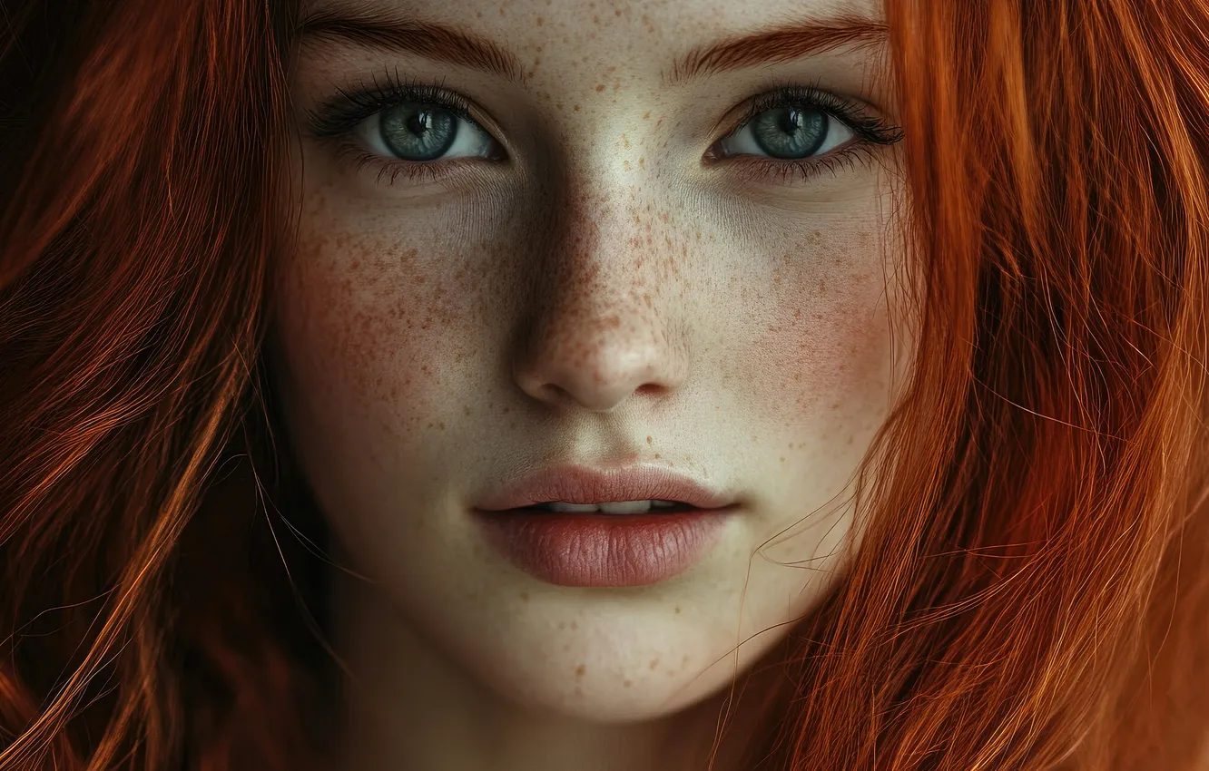 Photo wallpaper look, girl, close-up, face, eyelashes, smile, portrait, freckles