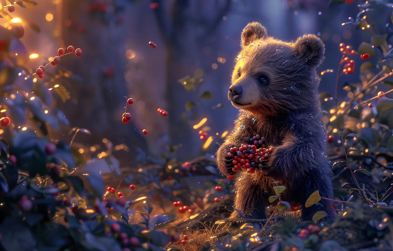 Photo wallpaper forest, look, light, trees, night, branches, berries, bear
