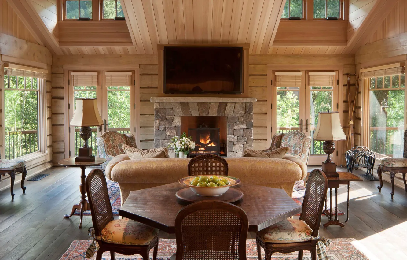 Photo wallpaper interior, fireplace, living room, dining room