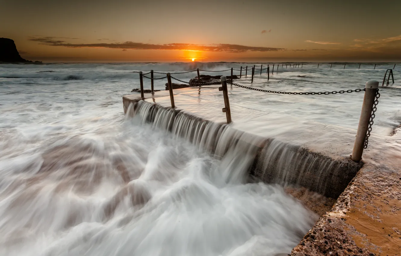 Photo wallpaper sea, wave, stream, the fence, chain, pierce, big size