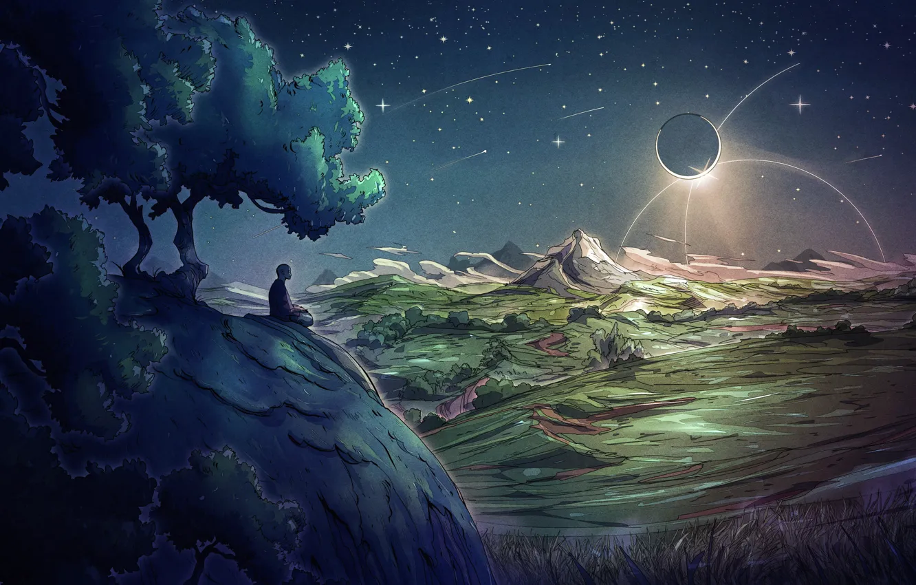 Photo wallpaper moon, landscape, nature, night, mountains, rocks, stars