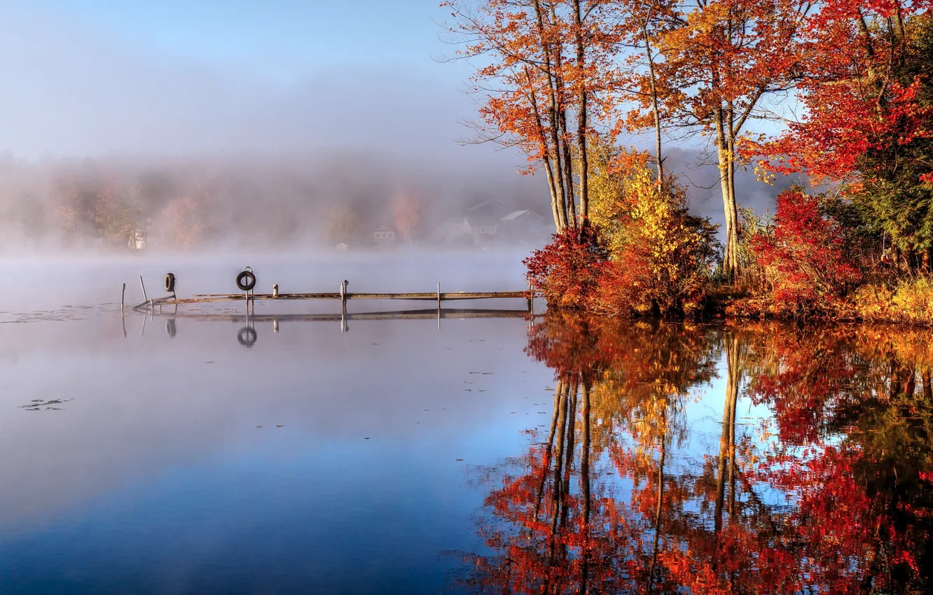 Photo wallpaper autumn, fog, lake, morning, the bridge