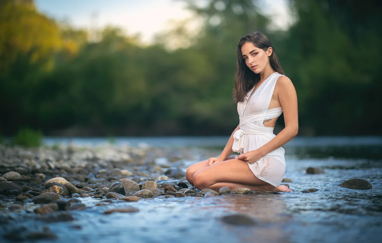 Photo wallpaper girl, stones, river, bokeh, dress
