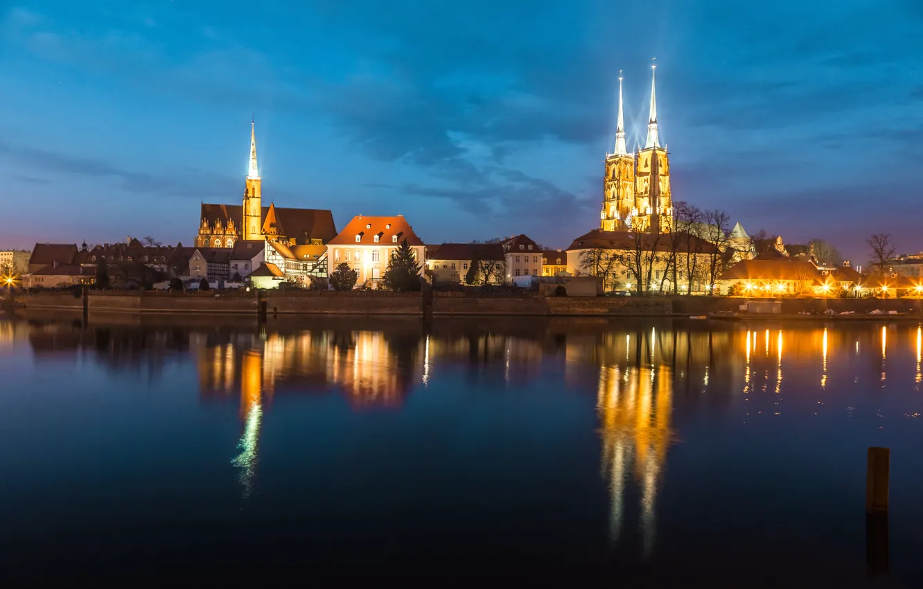 Photo wallpaper night, river, night lights, building, home, Poland, Ostrów Tumski, Wroclaw