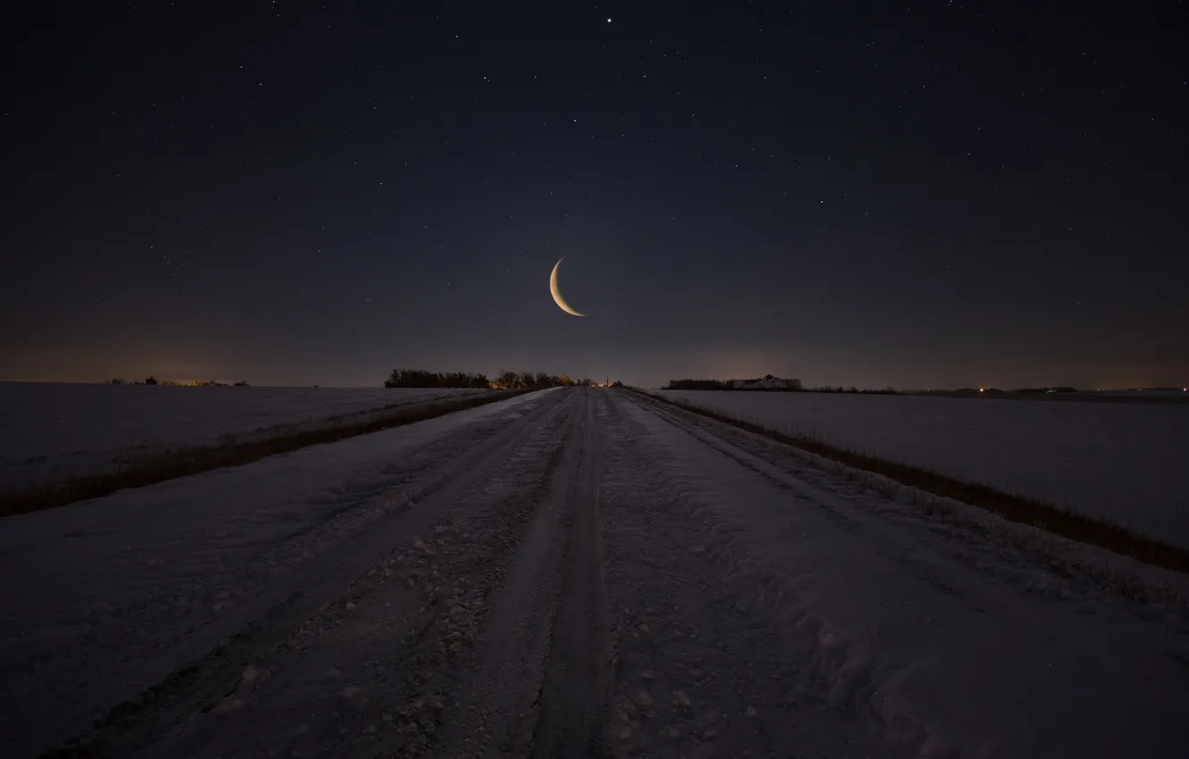 Photo wallpaper winter, road, the sky, snow, landscape, night, nature, the moon