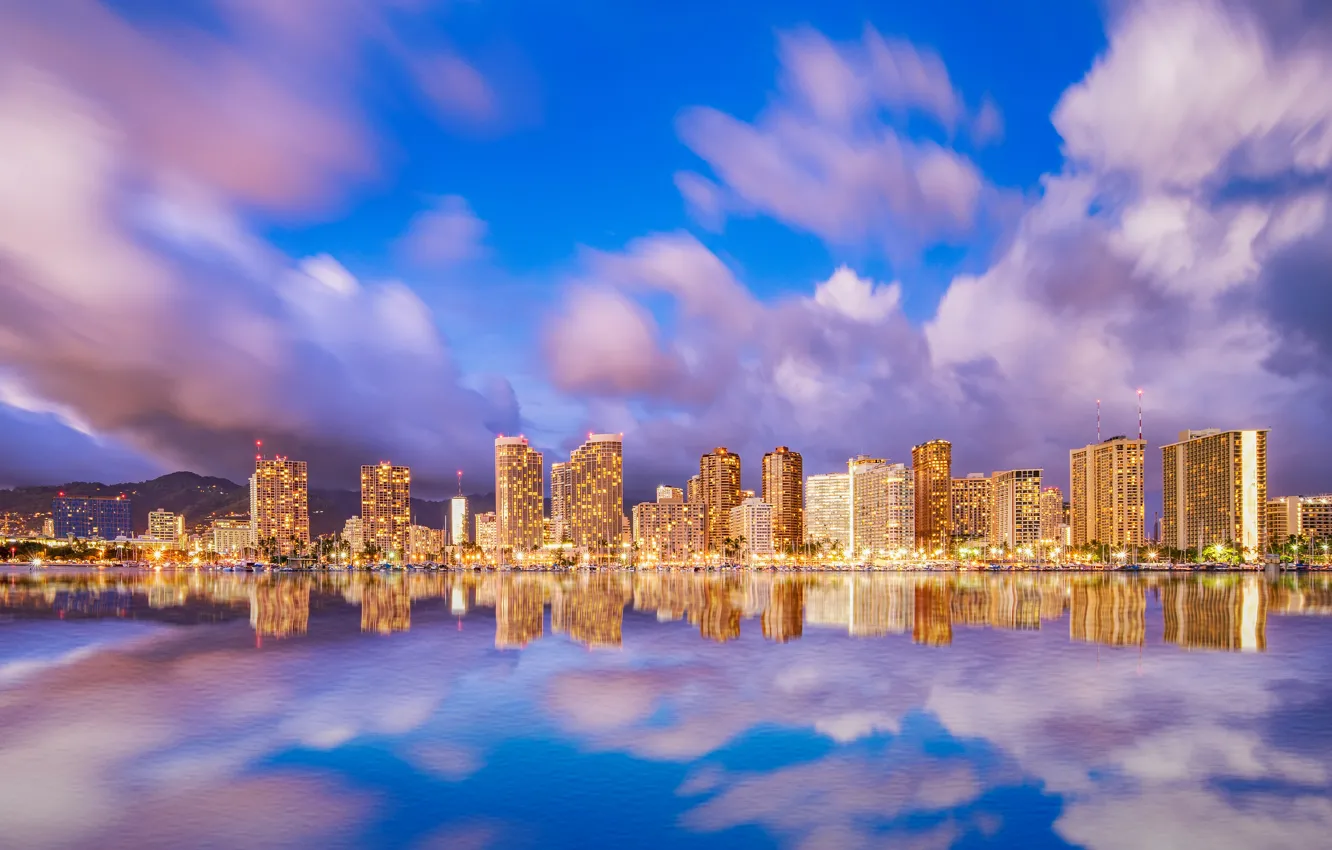 Photo wallpaper sea, the sky, water, clouds, mountains, lights, reflection, coast