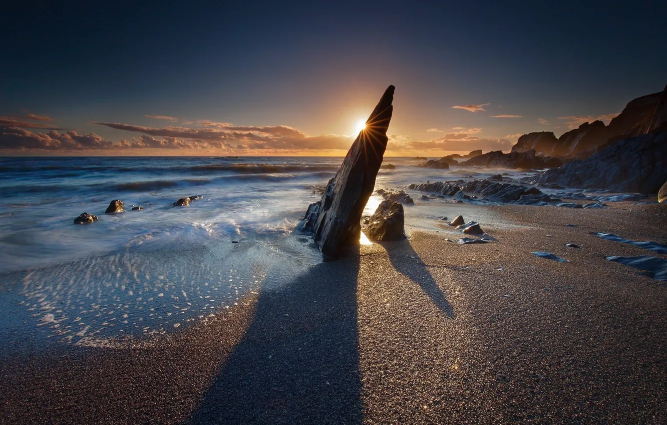 Photo wallpaper sea, sunset, rocks, shore