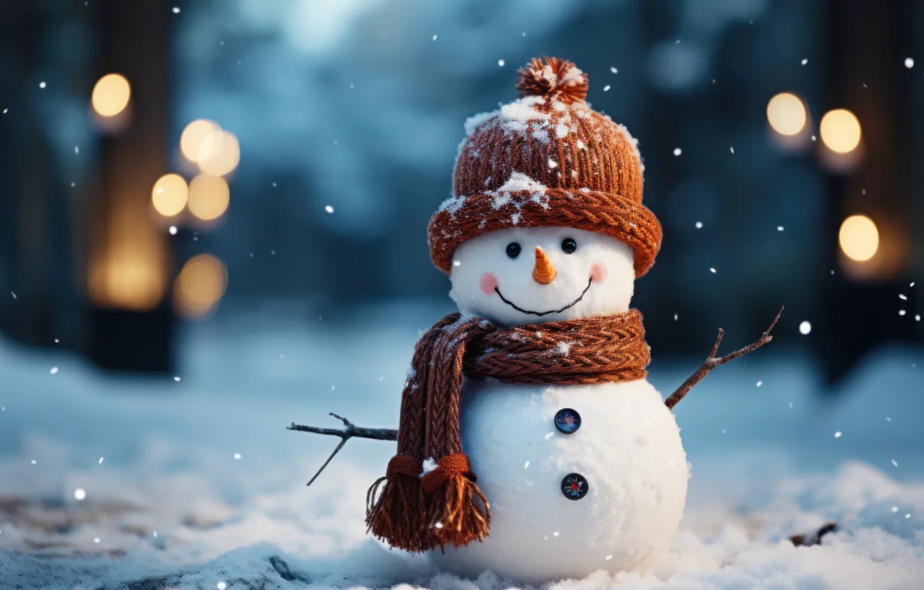 Photo wallpaper winter, snow, new year, Christmas, snowman, Christmas, night, winter