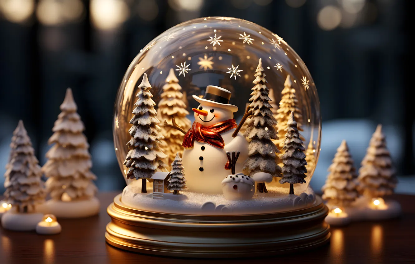 Photo wallpaper winter, snow, balls, tree, Christmas, balls, winter, snow