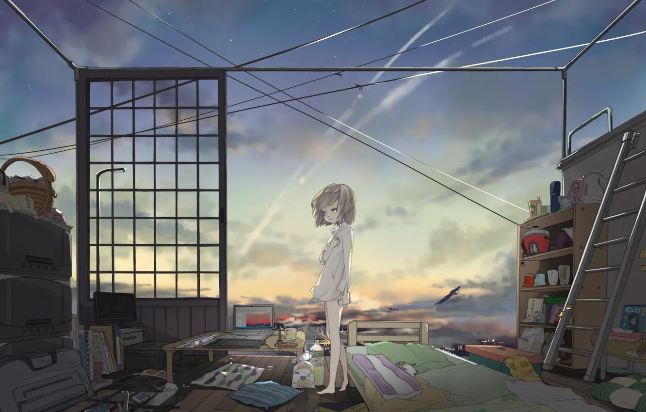 Photo wallpaper the sky, girl, stars, clouds, sunset, room, things, anime