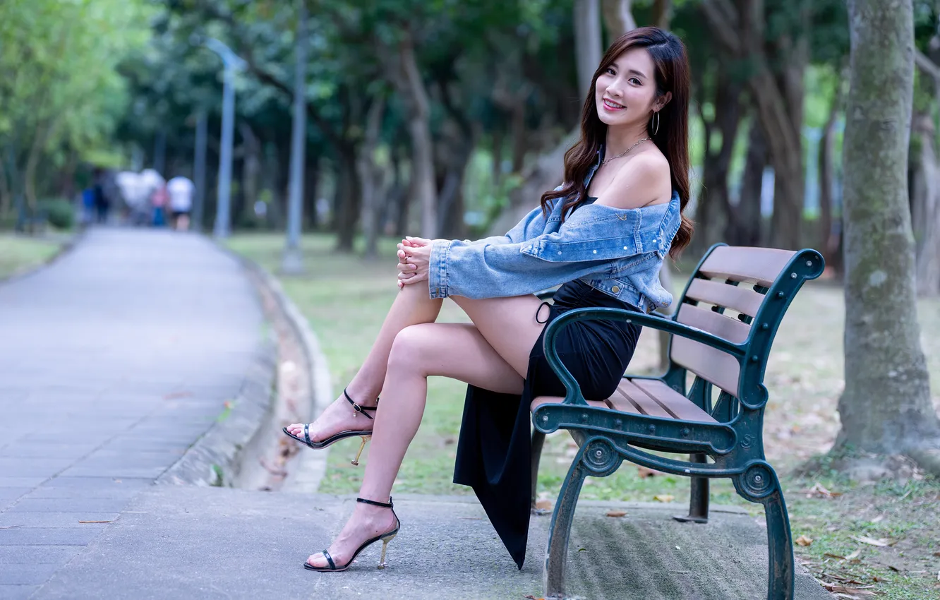Photo wallpaper bench, smile, feet, skirt, jacket, Asian, sitting