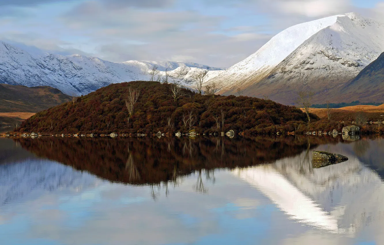 Photo wallpaper snow, trees, mountains, lake, reflection, island