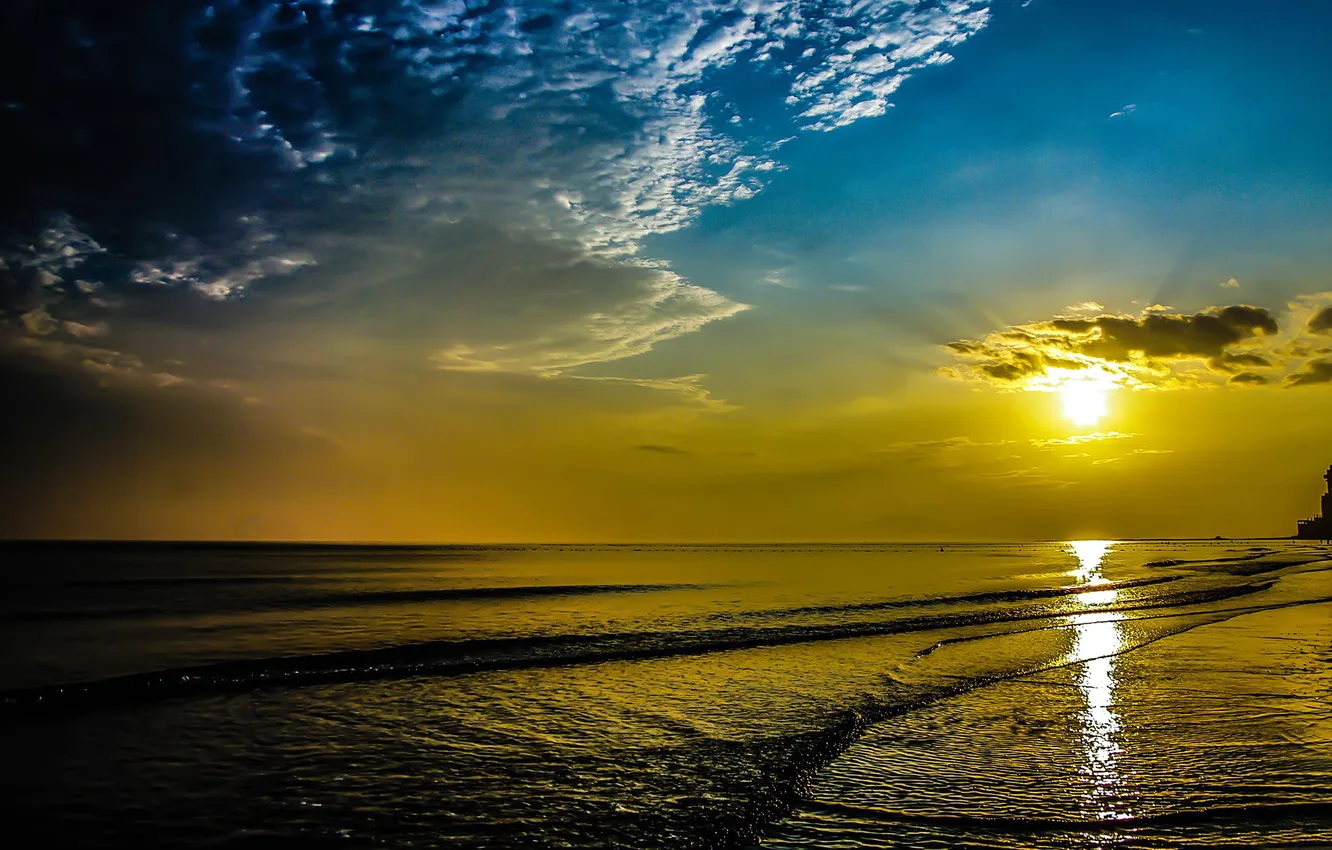 Photo wallpaper sea, the sky, the sun, clouds, sunset, rocks