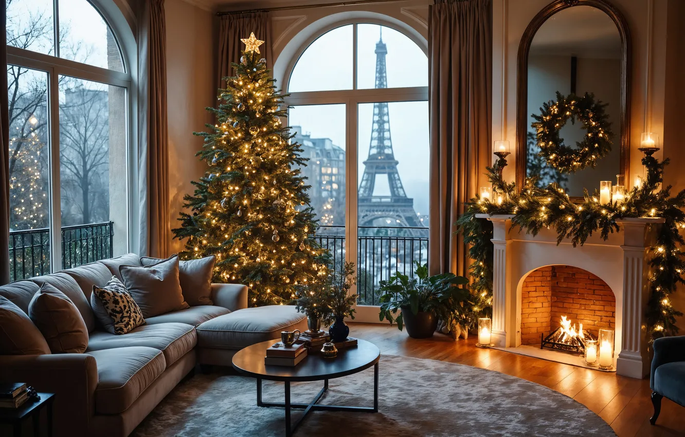 Photo wallpaper room, Paris, tree, interior, Christmas, New year, Eiffel tower, Paris