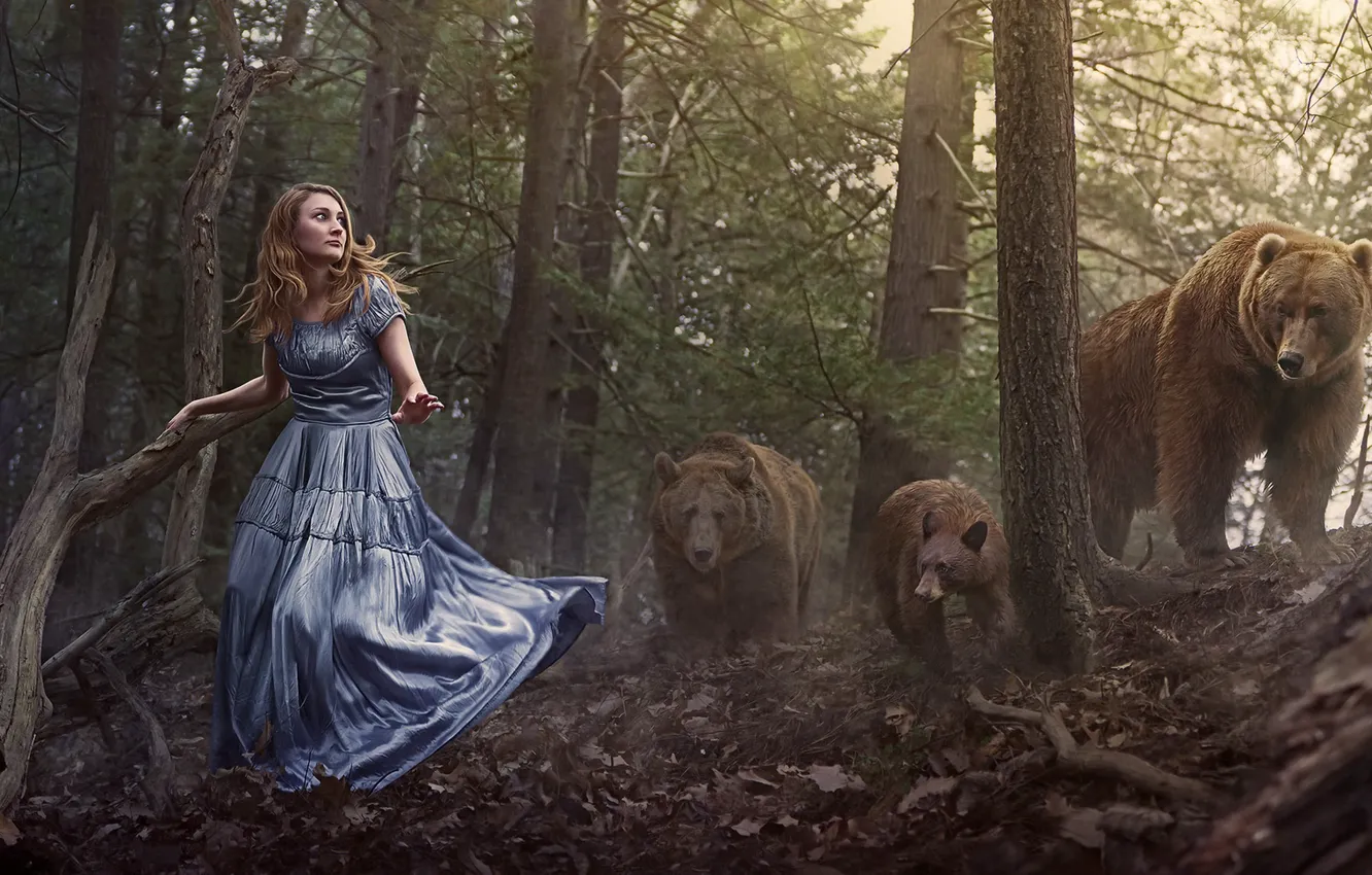 Photo wallpaper forest, girl, bear