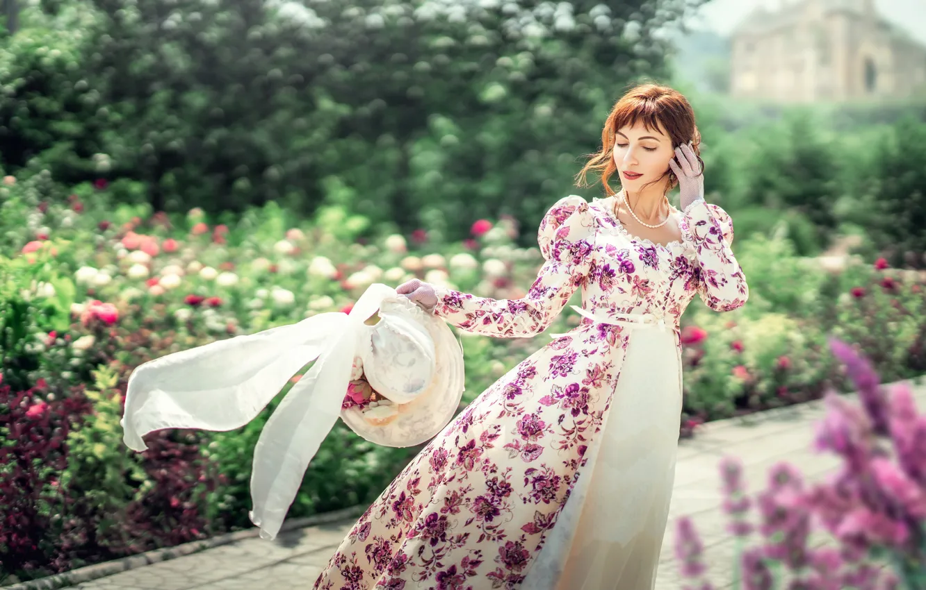 Photo wallpaper look, girl, flowers, pose, dress, hat, flowerbed, Diana Lipkina