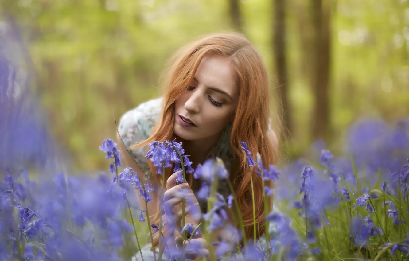 Photo wallpaper girl, flowers, bells, redhead, bokeh