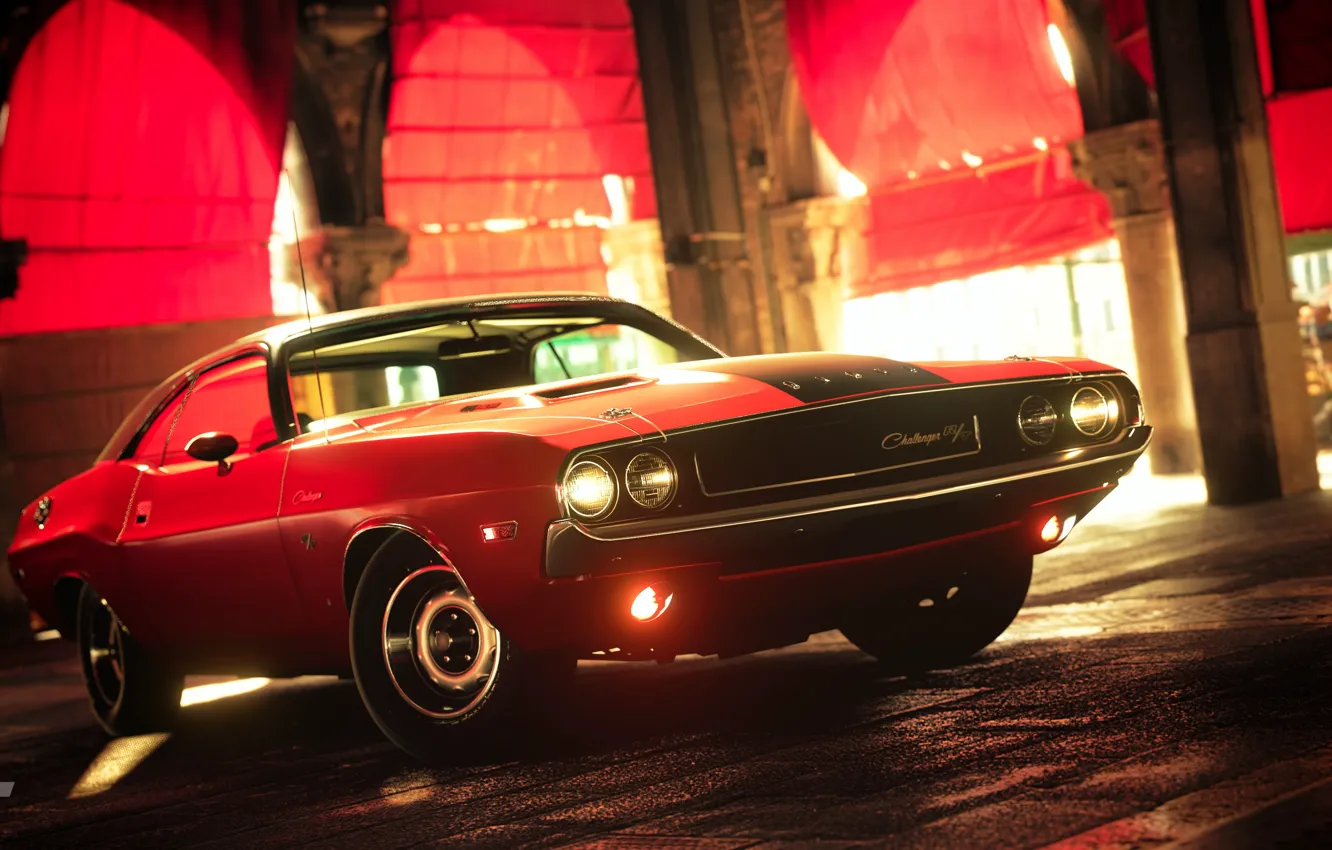 Photo wallpaper red, street, Challenger, Dodge Challenger R/T