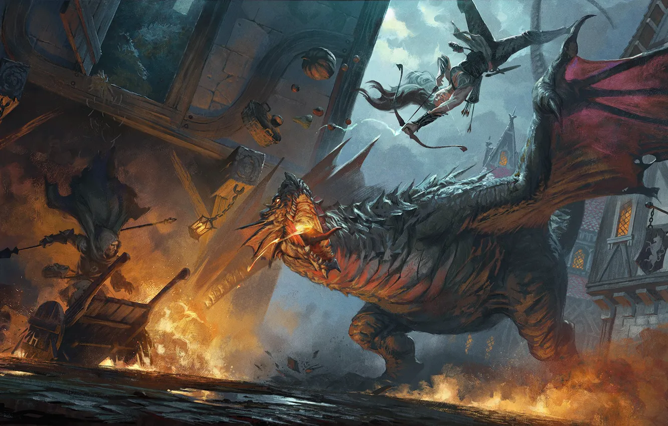 Photo wallpaper the city, lights, dragon, Archer, battle, fantasy art, Hugh Pindur