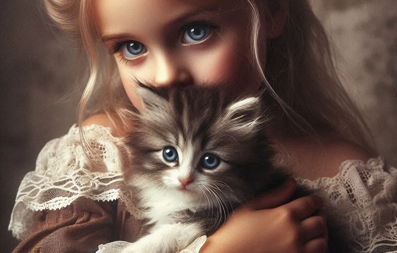 Photo wallpaper cat, look, dress, blonde, girl, kitty, Princess, lace