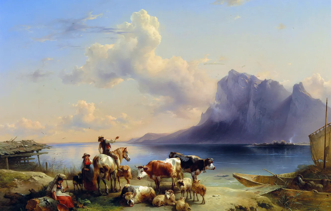 Photo wallpaper Boat, People, Picture, Horse, Cows, Austrian painter, Friedrich August Matthias Gauermann, Friedrich August Matthias Gauermann