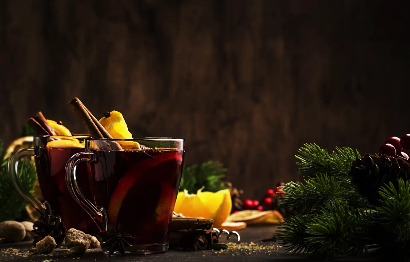 Photo wallpaper branches, the dark background, table, tea, new year, orange, Christmas, mug