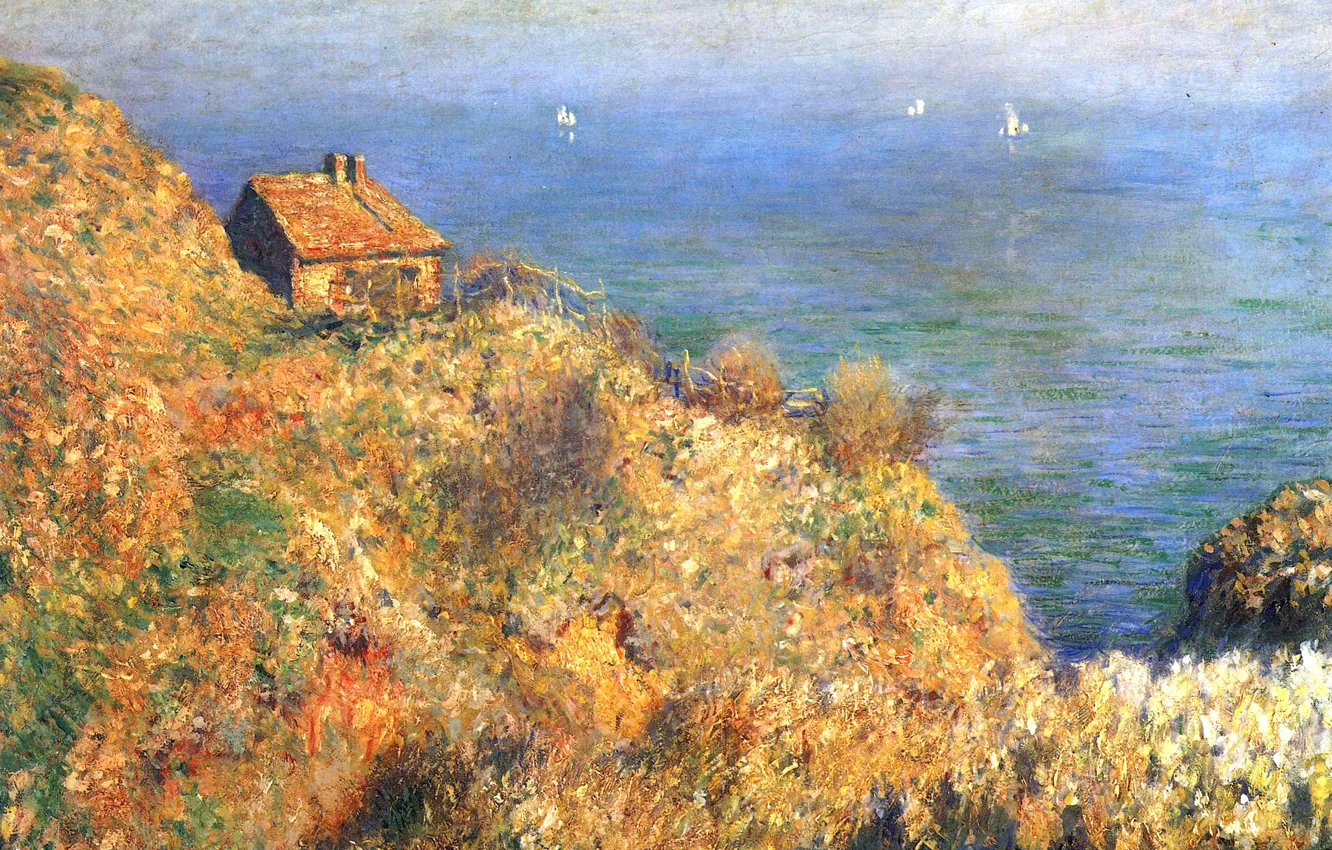 Photo wallpaper sea, landscape, house, rocks, boat, picture, sail, Claude Monet