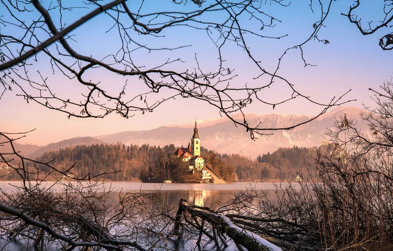 Photo wallpaper winter, snow, landscape, mountains, branches, nature, lake, Church