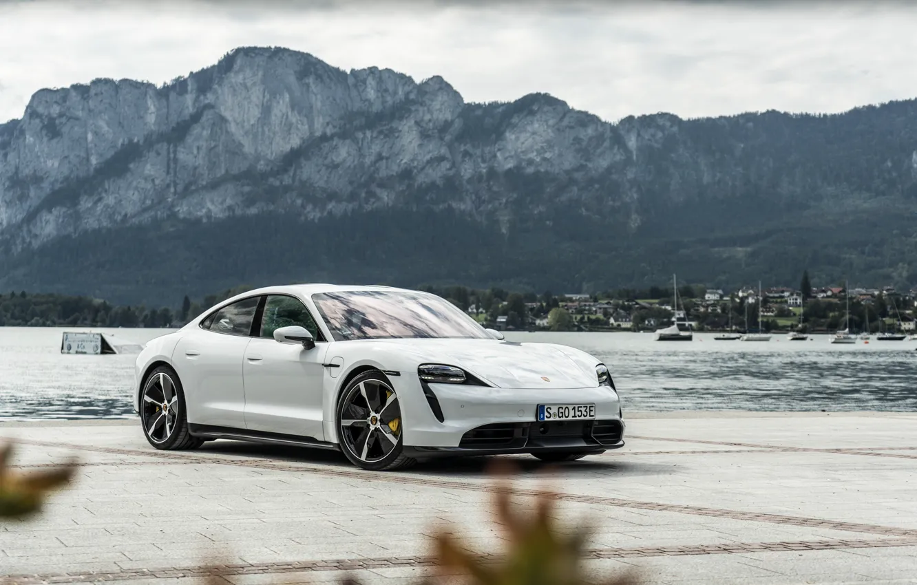 Photo wallpaper mountains, Porsche, Turbo S, the pond, 2020, Taycan