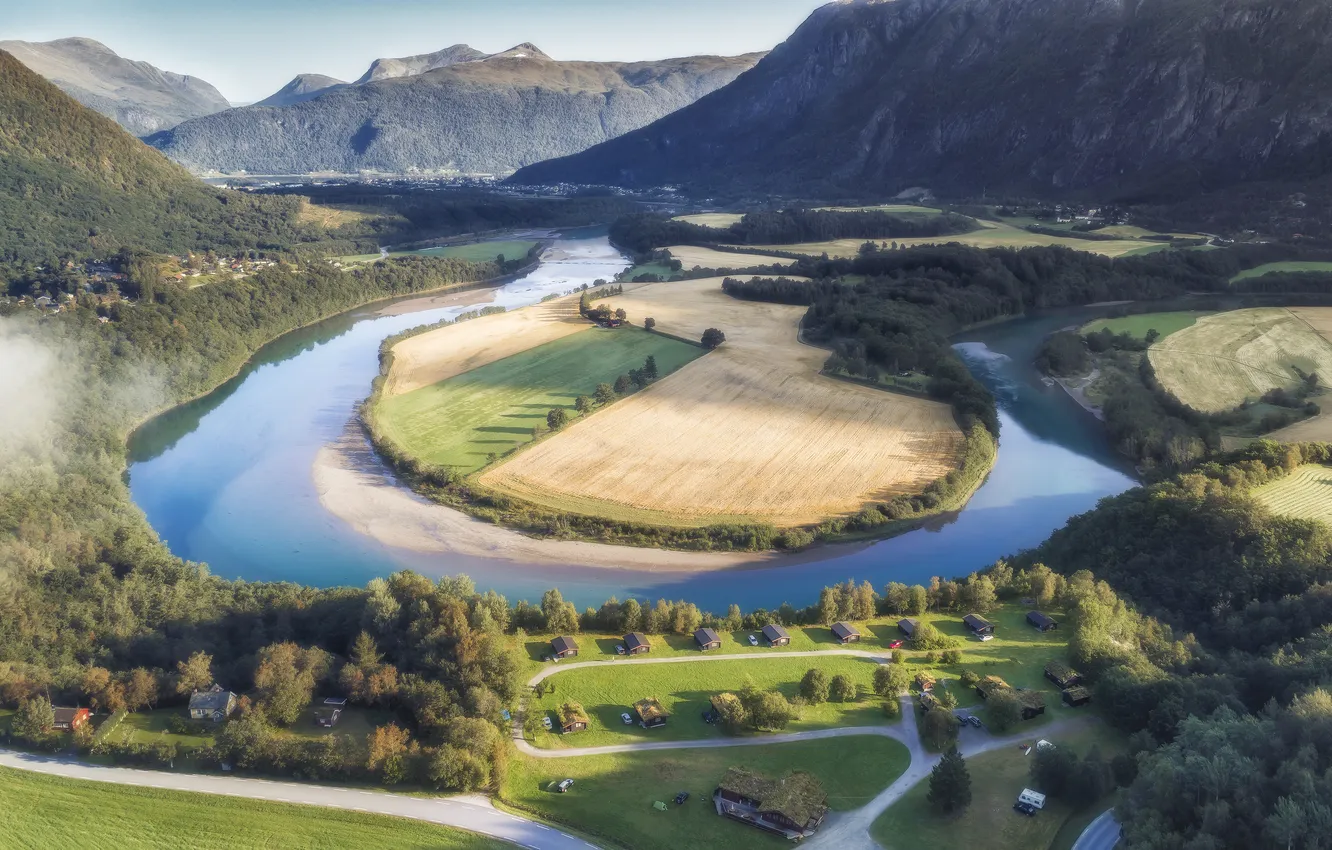Photo wallpaper relax, river, houses, farms, cultivation