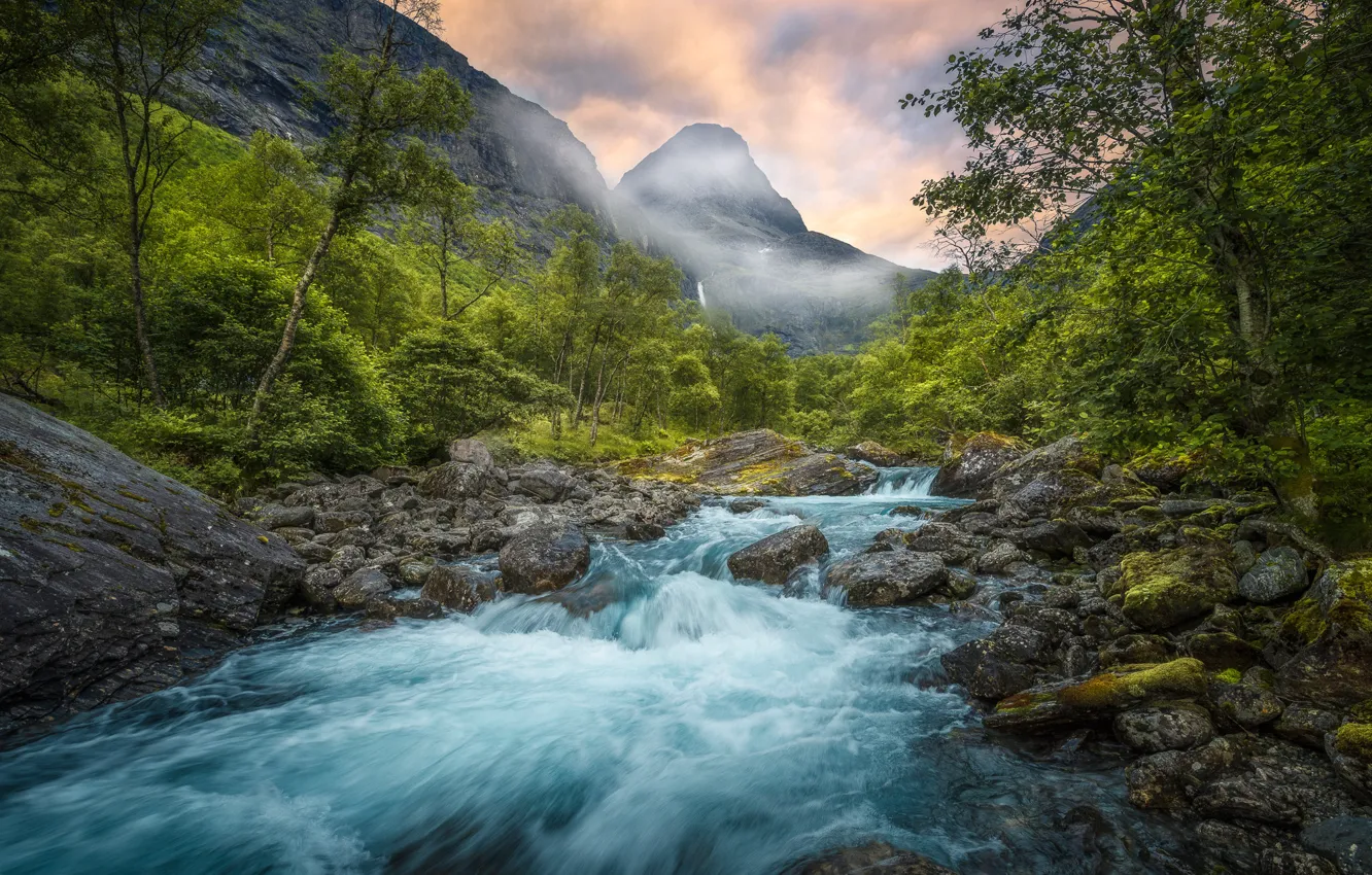 Photo wallpaper summer, mountains, nature, river, Norway, Norway, Romsdalen, Ole Henrik Skjelstad