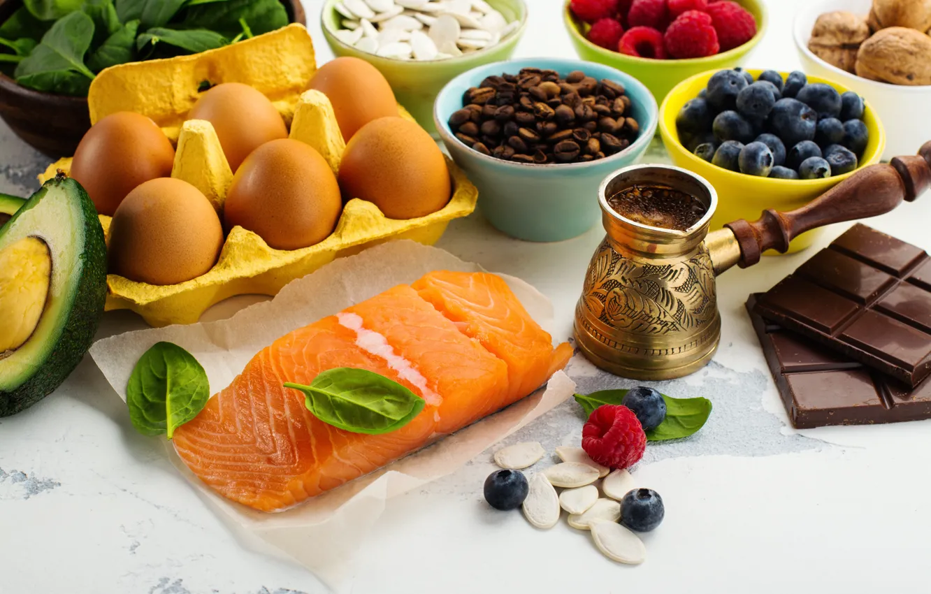 Photo wallpaper berries, chocolate, fish, spices