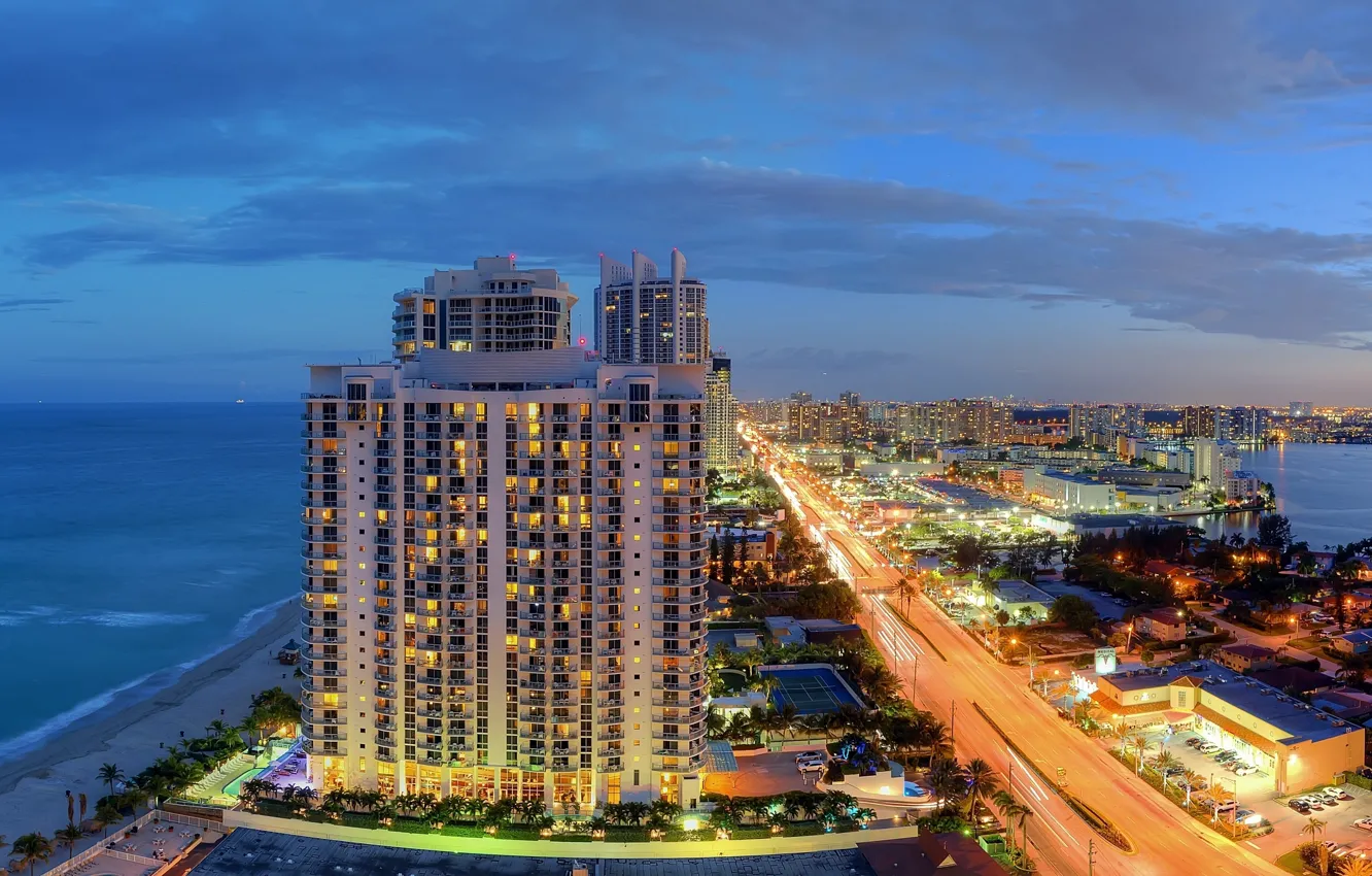 Photo wallpaper coast, Miami, FL, panorama, night city, Miami, Florida, The Atlantic ocean